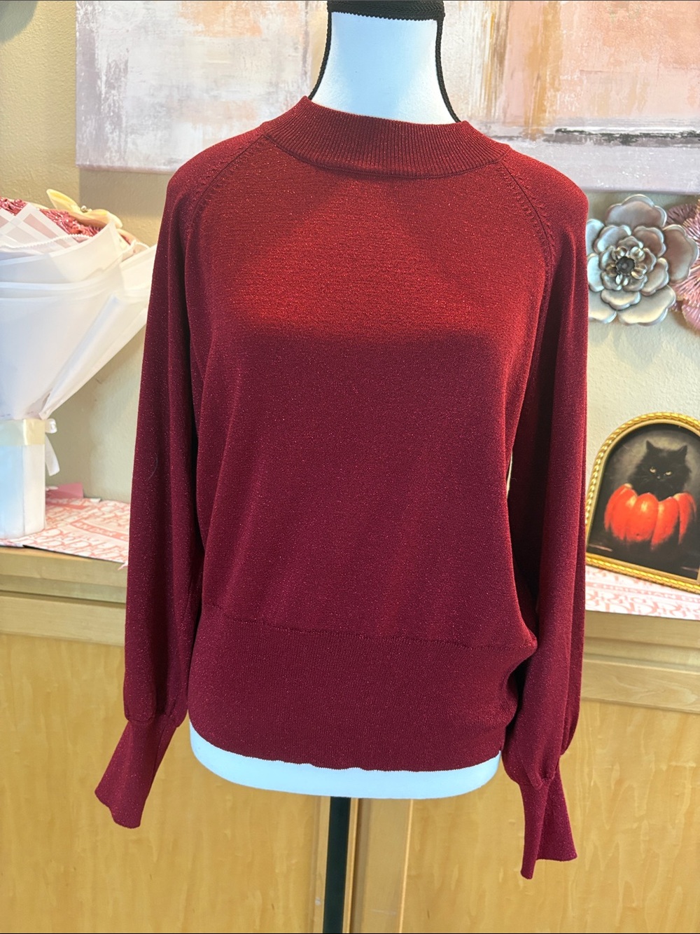Women's Metallic Burgundy Crewneck Sweater